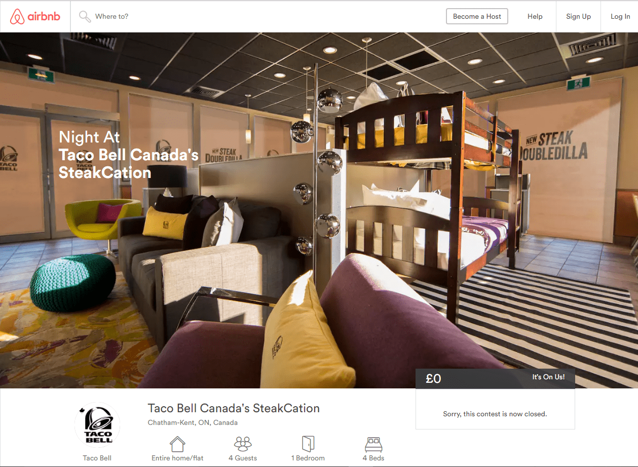 Airbnb Taco Bell Canada's SteakCation